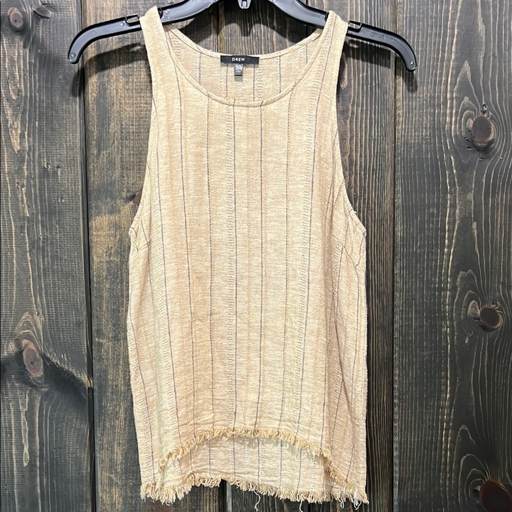 Anthropologie Drew Fringe Tank Top XS Linen Burlap Teagan Striped Tan Boho Chic